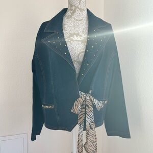 Studded Denim Jacket animal print Accents ties in front large lapels 18w